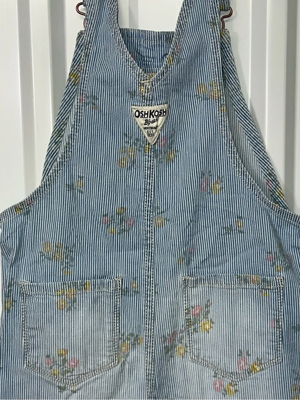 OshKosh B’Gosh Girls Floral Hickory Stripe Overalls Cottagecore Farmgirl Style